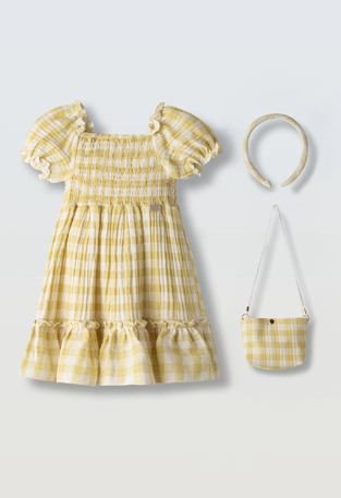 Φόρεμα ΕΒΙΤΑ καρό λάιμ με ασορτί τσαντάκι.