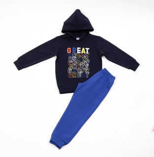 TRAX tracksuit set, hooded top in black and sweatpants in blue.