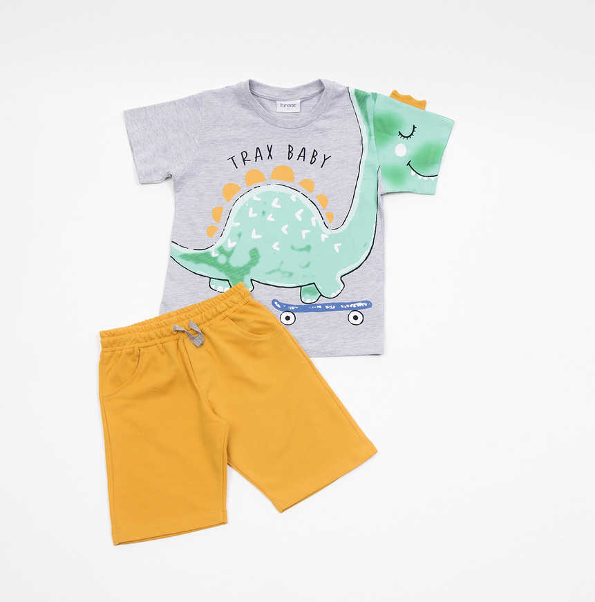 Set of TRAX shorts, dinosaur top and shorts in mustard color.
