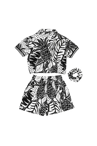 Βαμβακερό σετ SPRINT με natural print, σε εκρού-μαύρο χρώμα με ασορτί λάστιχο μαλλιών.