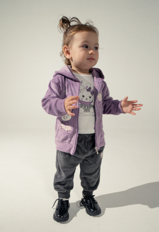 Set of 3 velvet jumpsuits. EBITA in purple color with embossed bunnies print. 