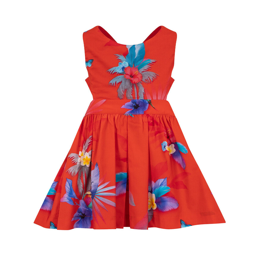 LAPIN HOUSE dress in coral color with a print of exotic flowers and birds.