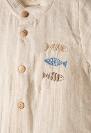 Σετ 2 τεμ. HASHTAG λινό σε χρώμα εκρού, με πουκάμισο βερμούδα και ασορτί καπέλο.