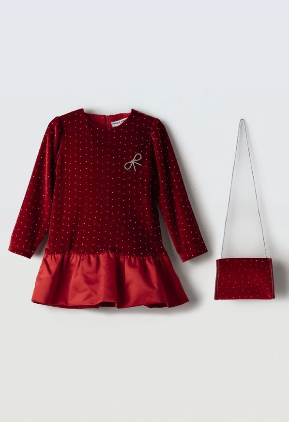 Βελουτέ φόρεμα ΕΒΙΤΑ με ασορτί τσαντάκι σε μπορντώ χρώμα με στρας.