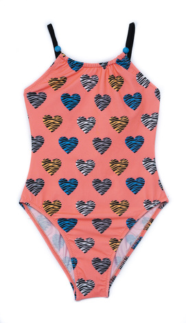 TORTUE one-piece swimsuit in coral color with heart print.