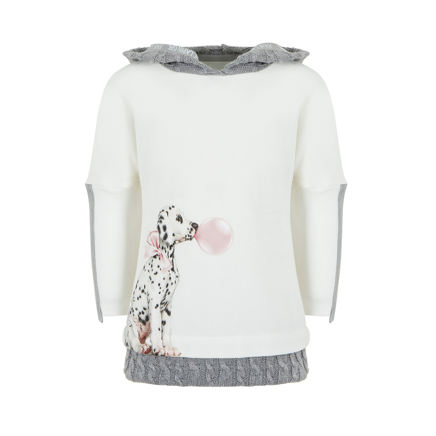 LAPIN HOUSE dress in off-white color with knitted hood and embossed dog print.