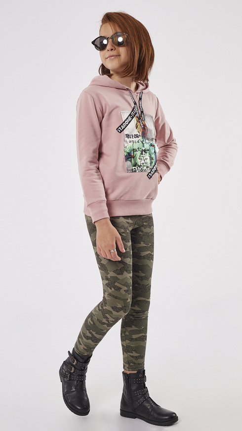 EBITA leggings set, sweatshirt with embossed print on the front, hoodie, and leggings with all over variation print.