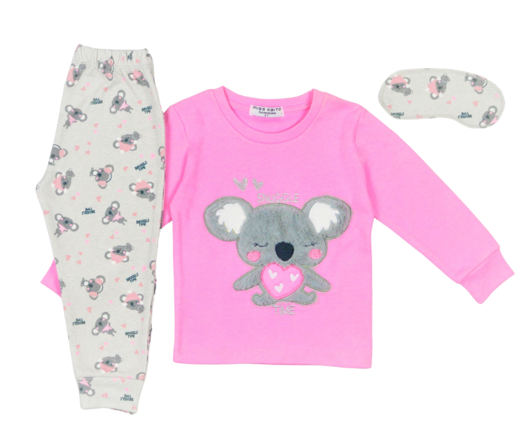 HOMMIES pajamas with koala print and matching sleep mask.
