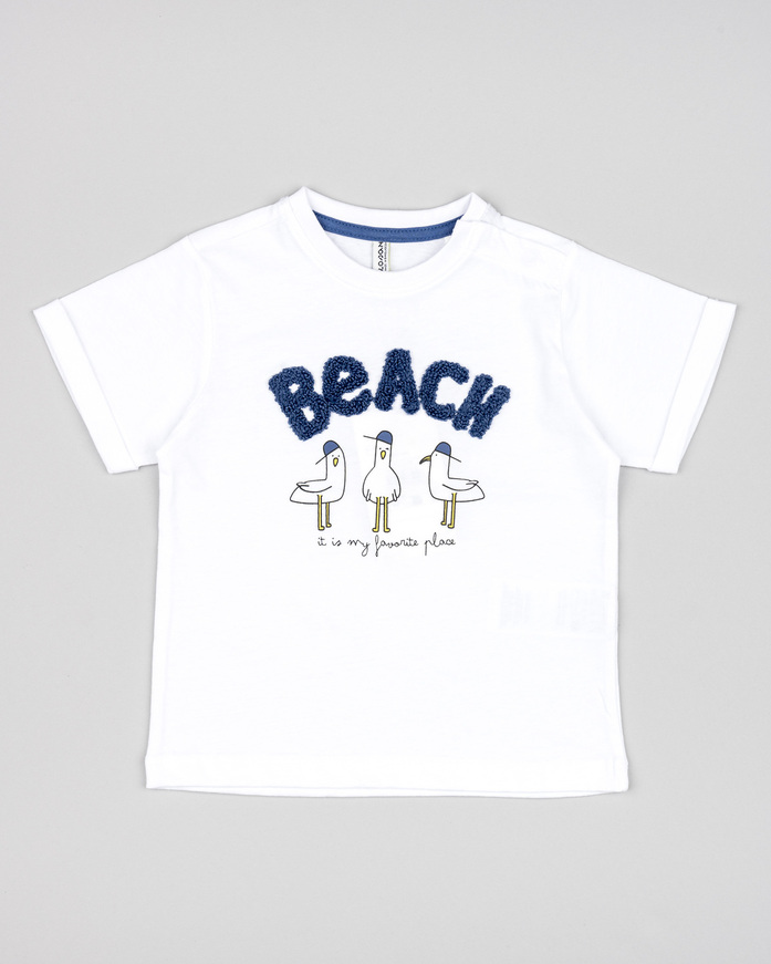 LOSAN blouse in white with "BEACH" logo embossed.