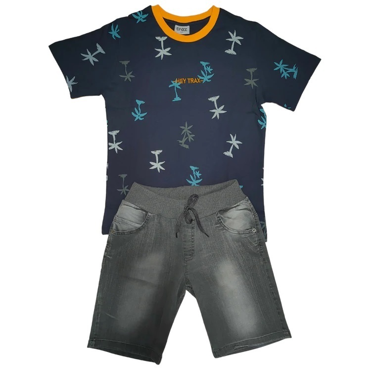 Σετ βερμούδα TRAX, μπλούζα με τύπωμα και τζιν βερμούδα σε ανθρακί χρώμα.