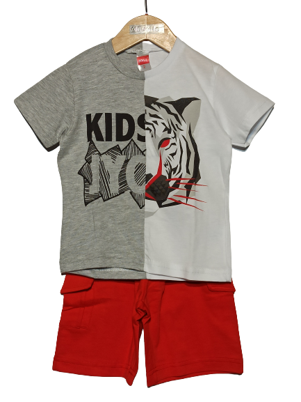 JOYCE cotton set, two-tone blouse in white-grey color, and bermuda shorts in red color with elastic waist.