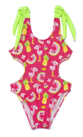 TORTUE full body swimsuit in fuchsia color with flamingos print.
