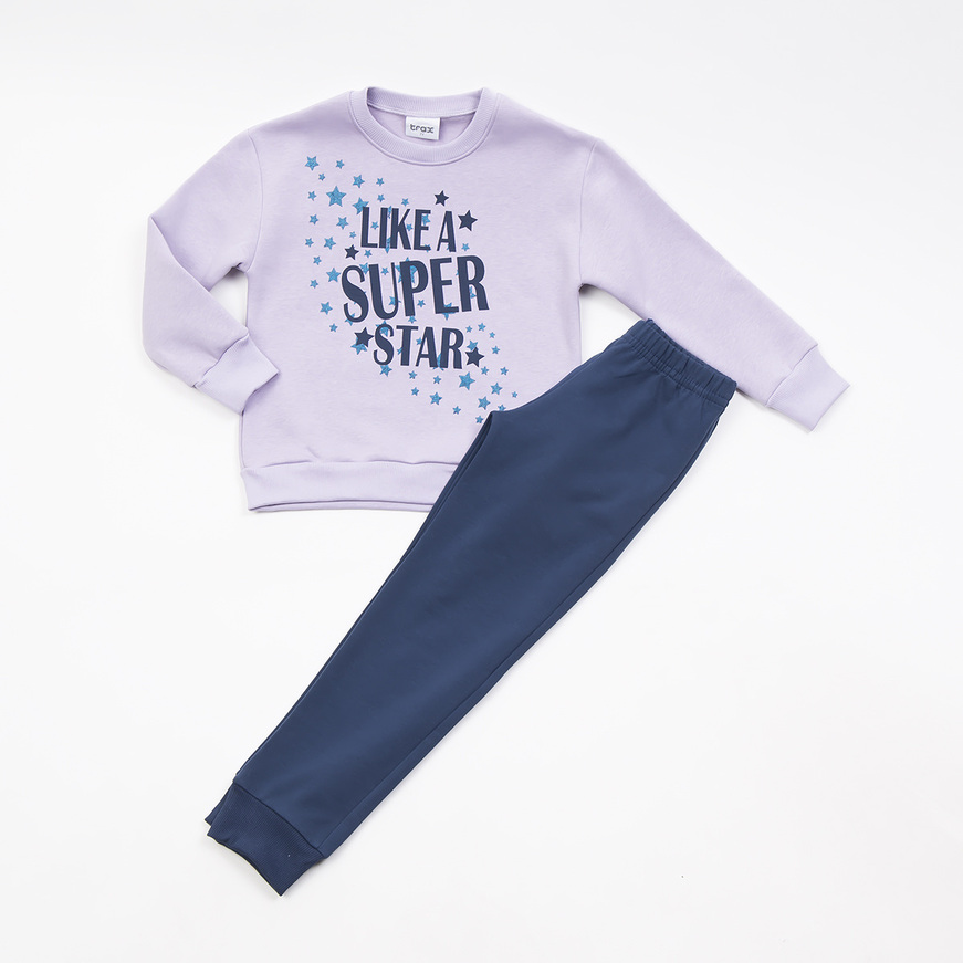 TRAX bodysuit set in lilac color with "LIKE A SUPER STAR" print.