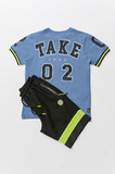 Set of SPRINT shorts in blue raff color with print on the sleeves.