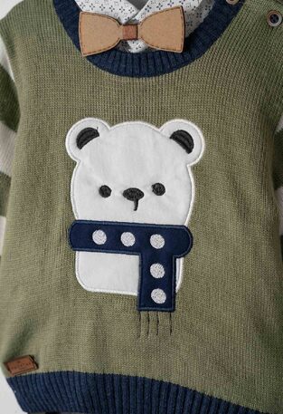 Set of 3 pcs. HASHTAG, bow tie shirt, suspender pants and olive knit.