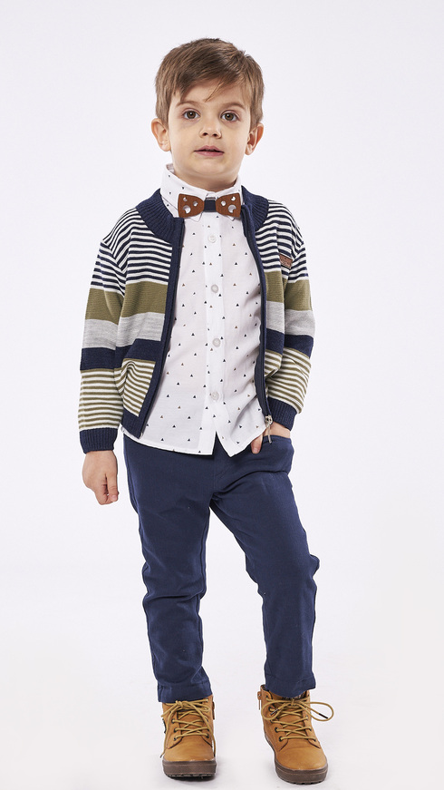 Set of 3 pcs. HASHTAG, bow tie shirt, knit cardigan and striped fabric pants.