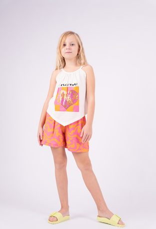 EBITA shorts set in orange and fuchsia colors with sequin print.