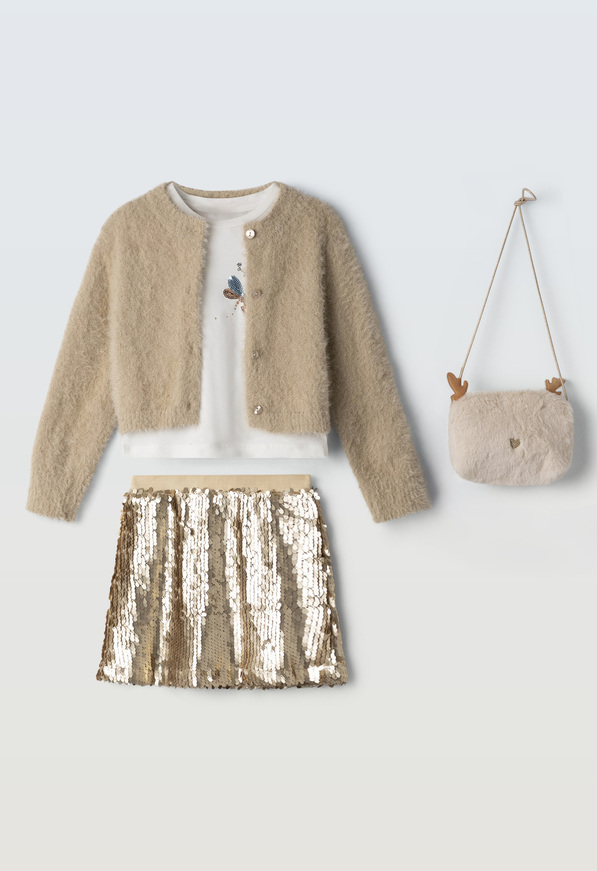 Σετ φούστα 3 τεμ. ΕΒΙΤΑ σε μπεζ χρώμα με πλεκτή ζακέτα.