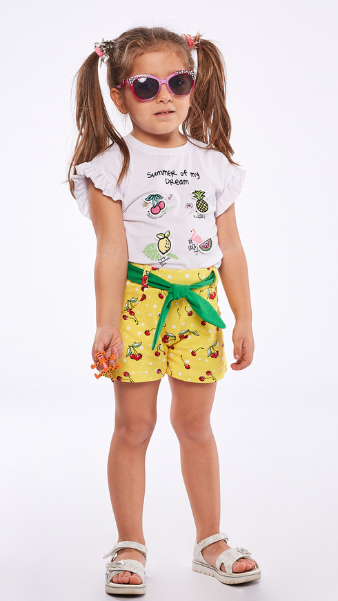 EBITA shorts set, blouse with appliqué embroidery and shorts in yellow color with all over design.