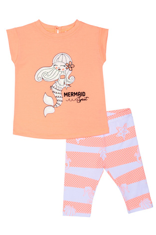 Set of SPRINT capri leggings in bright orange color with embossed mermaid print.