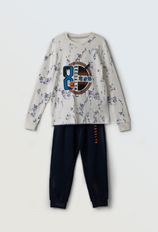 HOMMIES pajamas in off-white color with all over print and matching sleep mask.