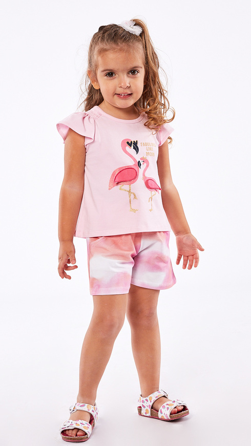 EBITA shorts set, pink blouse with glitter and two-tone shorts.