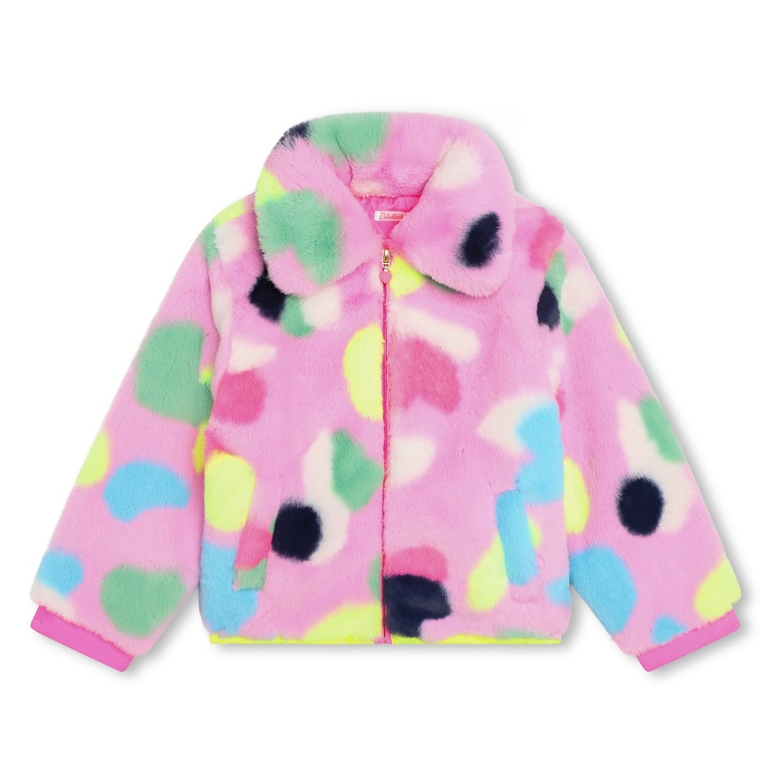 BILLIEBLUSH pink fur jacket with colorful print.