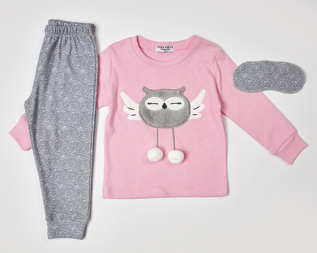 HOMMIES pajamas in pink with embossed owl embroidery and matching sleep mask.