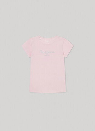 Μπλούζα PEPE JEANS σε ροζ κουφετί χρώμα με τύπωμα από γκλίτερ.