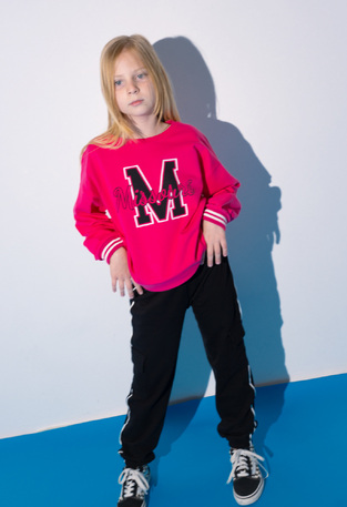 EBITA cargo suit set in fuchsia color with embossed print.