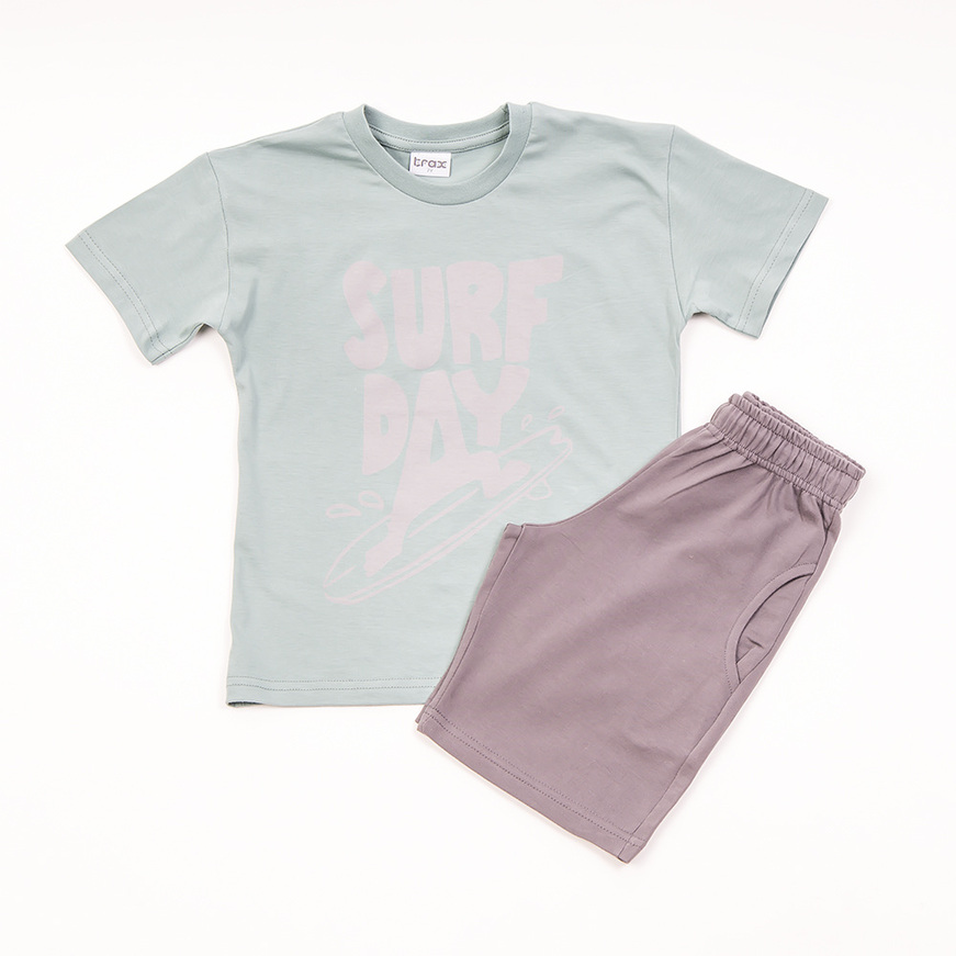 TRAX shorts set in mint color with "SURF DAY" logo.