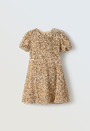 EVITA velvet dress in beige color with gold sequins.