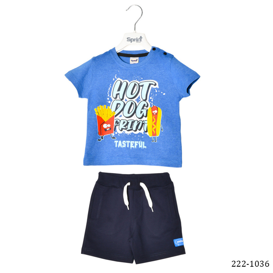 SPRINT shorts set, roux blue top with hot dog and shorts.