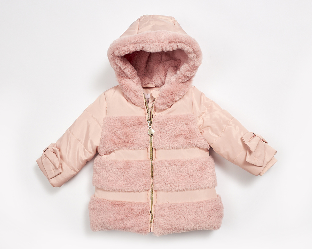 EBITA jacket in pink color with decorative fur details.