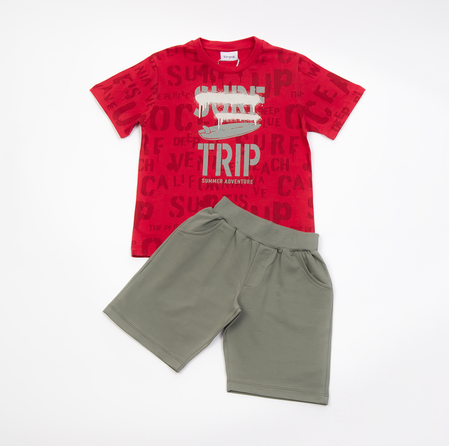 TRAX shorts set, red surfboard print top and cotton shorts.