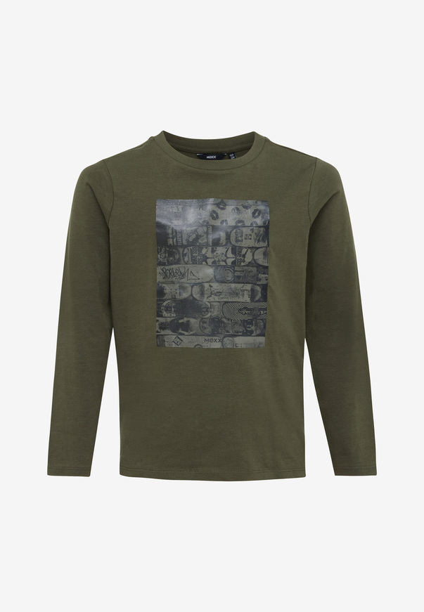 MEXX blouse in olive color with embossed skateboard print.