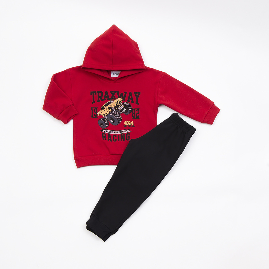 TRAX jumpsuit set in red color with hood and print.
