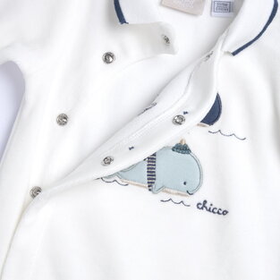 CHICCO velor bodysuit in white with embossed whale print. 