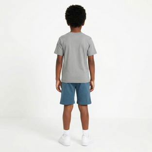 TRAX shorts set in gray-blue rafa with print on the front.