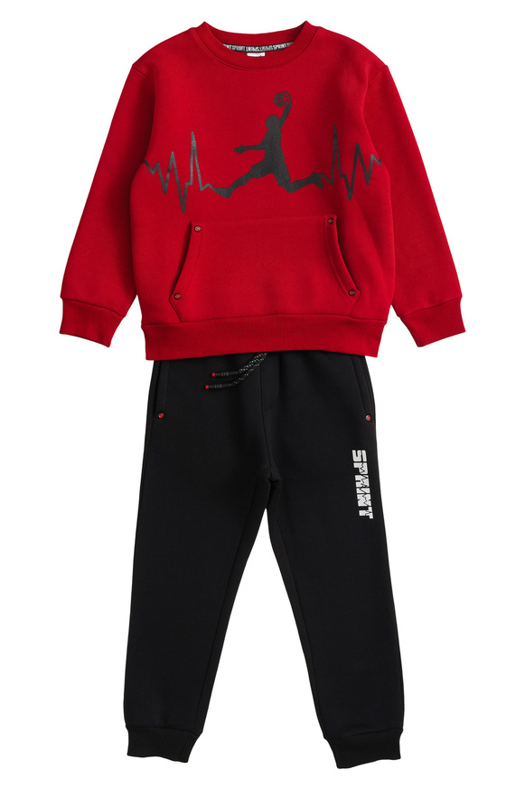 SPRINT tracksuit set in red with an embossed print in a basketball player design.