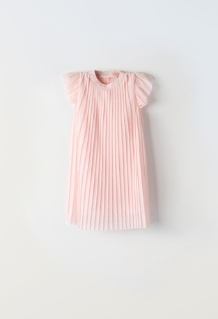EBITA tulle dress in pink color with all over pattern of pleats.