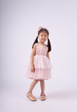 EBITA satin dress in pink color with tulle trim.
