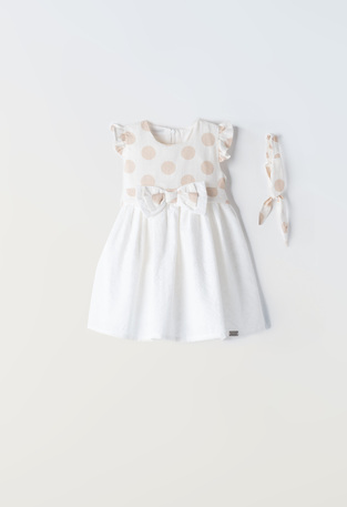 EBITA dress in white color with polka dots pattern.