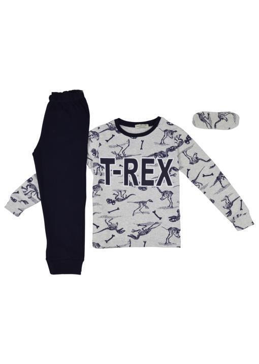 HOMMIES pajamas in gray with "T-REX" print and matching sleep mask.