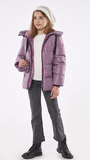 EVITA jacket in purple color with hood and matching bag.