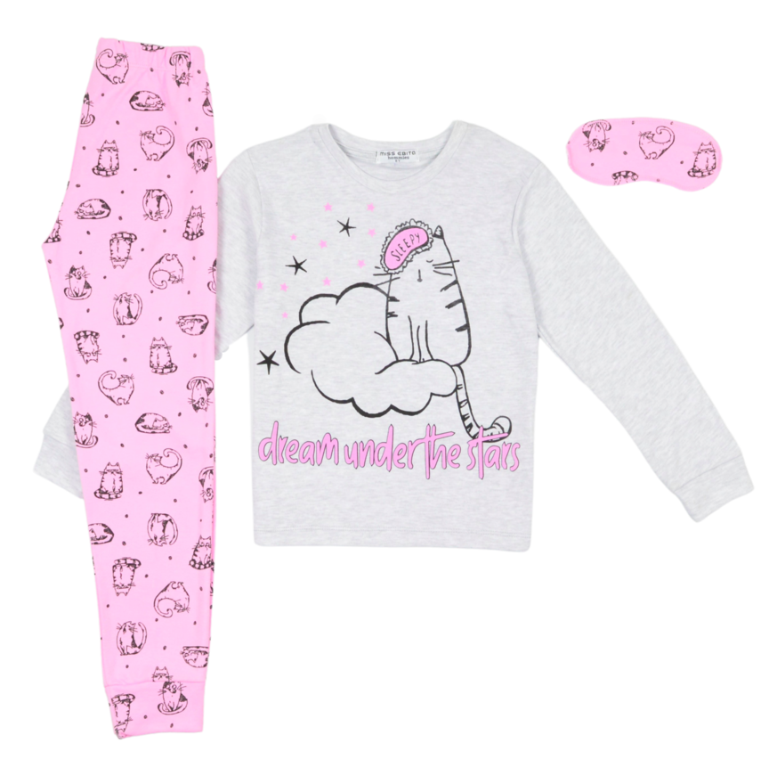 Hommies Pajamas with Cat Print and Matching Sleep Mask.