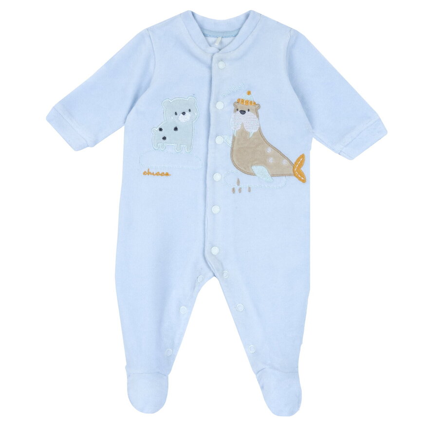 CHICCO velor bodysuit in siel color with appliqué embroidery.