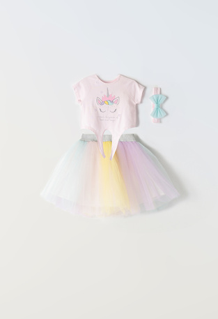 EBITA tulle skirt set in pink color with embossed unicorn print.
