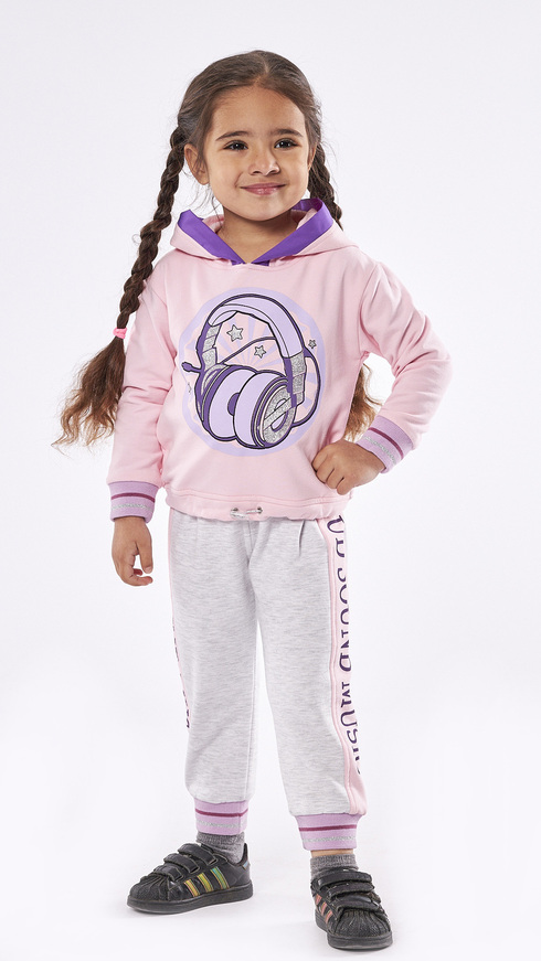 EBITA tracksuit set in pink with glitter and headphones design.