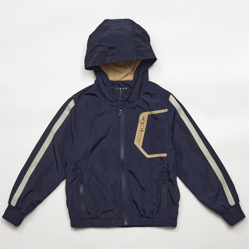 HASHTAG seasonal jacket in blue color with hood.